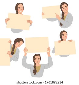 A set of images, a girl holding a white sheet of paper. Flat vector illustration.