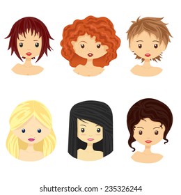 Set of images of girls with different types of hairstyles and faces. Vector illustration, isolated on white. 