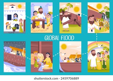 Set of images global flood in flat cartoon design. This set of illustrations shows scenes from the biblical story of the great flood and Noah's ark. Vector illustration.