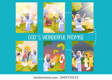 Set of images Gods wonderful promise in flat cartoon design. This set of illustrations shows scenes from the biblical story of God's appeal to Abraham. Vector illustration.