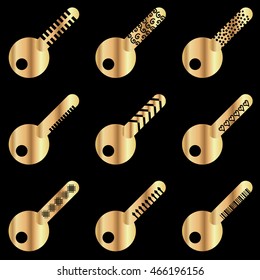 Set of images of gold keys for use in different types of cards, brochures, books, business cards, invitations, logos, symbols 