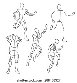 Set of images with a graphic frame human figure in movement in different poses on a white background