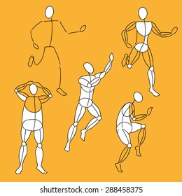 Set of images with a graphic frame human figure in movement in different poses on an orange background with white elements