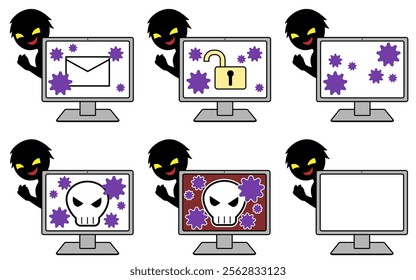 A set of images of a hacker and an infected computer