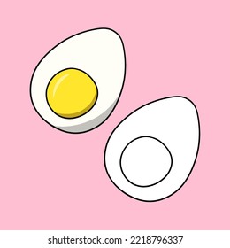 Conjunto de imágenes, mitad de un huevo de pollo hervido, ilustración vectorial en estilo de dibujos animados sobre un fondo de color