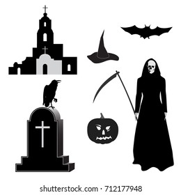 Set of images for Halloween, gravestone with white cross, black raven, old church, death with scythe, pumpkin, hat, bat isolated on white background