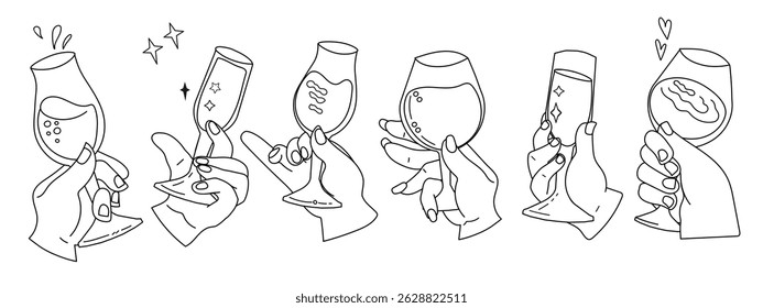 Set of images of hands clinking wine or champagne glass. Hands raised to clink glasses to celebrate Christmas or achievements, black line contour vector illustrations isolated on white.