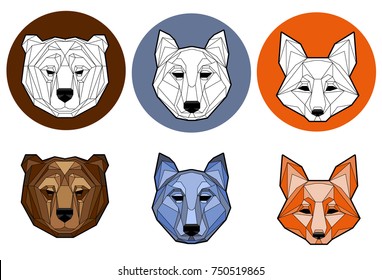 A set of images of heads of animals (Fox, bear, wolf). Polygon style. Logo. Mascot.