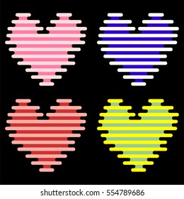 Set of images of the heart on Valentine's Day. Monochrome stripes rounded edges. Vector illustration of multicolored stripes.