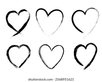 Set of images of hearts drawn with black ink, paint. Graffiti, doodle style. Element for design