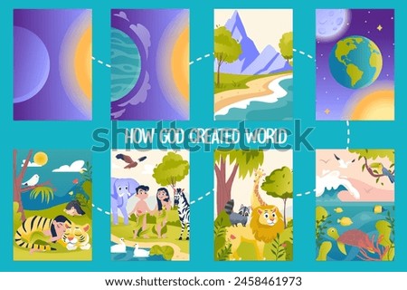 Set of images how God created world in flat cartoon design. This set of illustrations shows scenes with the sequence of creation of the world described in the Bible. Vector illustration.