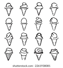 Set of images of ice cream cones in various interesting designs. Side view image. Various seasonings and textures.
