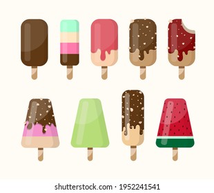 A set of images of ice cream. Isolated flat-style illustrations on a white background. Popsicle on a wooden stick with a different design in a trendy color scheme.