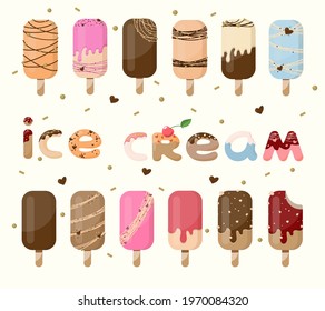 A set of images of ice cream and stylized lettering. Isolated flat-style illustrations on a white background. Popsicle on a wooden stick with a different design in a trendy color scheme.