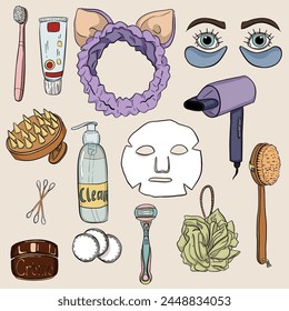 Set of images including various items used by women for self care and bath procedures, beauty, rejuvenation, personal hygiene