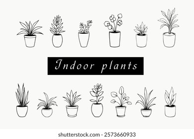 a set of images of indoor plants in black and white in doodle style