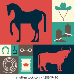 Set of images - items used for entertainment shows, sport - rodeo. Vector illustration isolated objects on a white background.