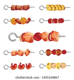 Set of images of kebabs on skewers. Vector illustration on white background.