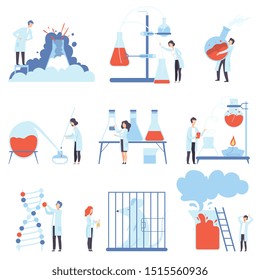Set of images of laboratory devices and scientists. Vector illustration.
