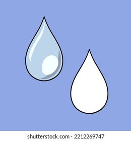 A set of images, a large elongated drop of water, splashes, a vector illustration in cartoon style on a colored background