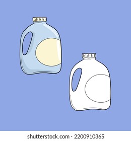 A set of images, a large light plastic container with milk, a milk bottle, a vector illustration in cartoon style on a colored background