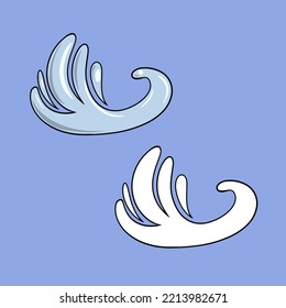 A set of images, a large wave in cartoon style, vector illustration of water, splashes and drops on a colored background