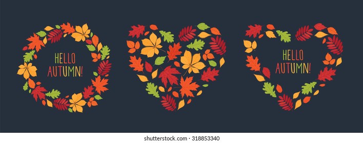 Set of images of leaves of different trees.  Hearts and wreath composed of autumn leaves. Hand drawn on the chalkboard. Sketch, design elements. Vector.