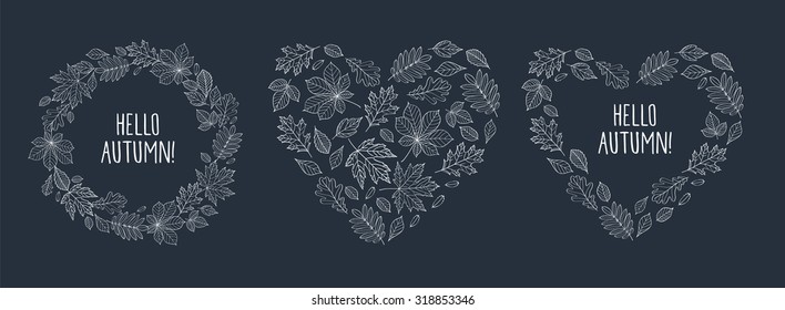 Set of images of leaves of different trees. Hearts and wreath composed of white autumn line art leaves on dark background. Sketch, design elements. Vector.