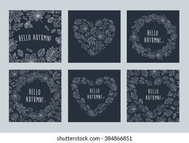 Set of images of leaves of different trees. Fall of the leaves. Hearts and wreath composed of white autumn line art leaves on dark background. Sketch, design elements. Vector.