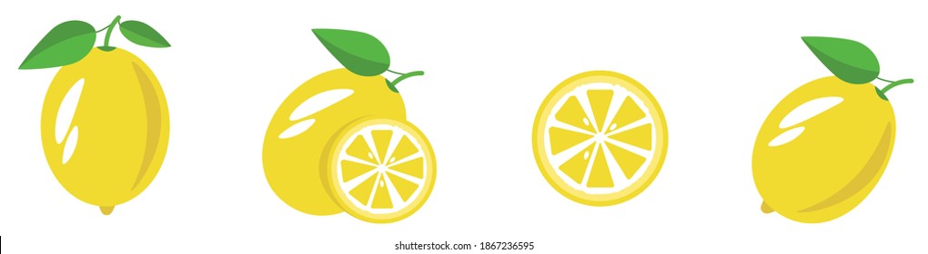 a set of images of a lemon in different angles in the flat style with highlights on an isolated background, a lemon with leaves, half a lemon.vector illustration