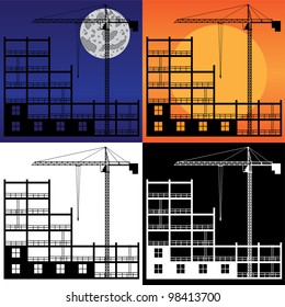Set of images of lifting crane and building under construction.