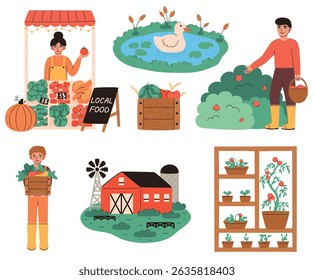 Set of images of local production. Farmer selling vegetables and fruits, agricultural workers harvesting. Flat vector illustration.