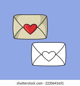 A set of images, a love letter, a large vintage closed envelope with a heart, a vector illustration in cartoon style on a colored background