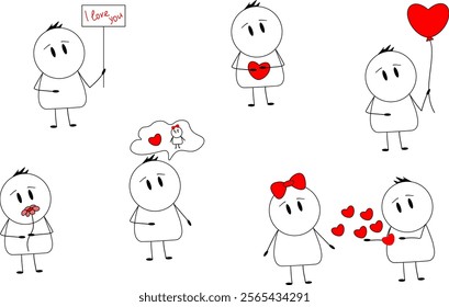 A set of images of a man in love. Vector image in doodle style.