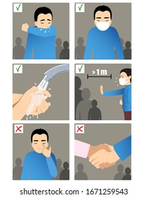 Set Of Images With A Man Showing Rules To Prevent Coronavirus Spreading: Sneeze In Elbow, Wear Medical Mask, Wash Hands, Keep Distance, Don’t Touch Face, No Handshake. Vector Image