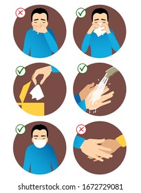 Set of images with a man showing rules to prevent coronavirus spreading: don’t sneeze in hand, use napkin, throw napkin in trash can, wear medical mask, wash hands, avoid social contact. Vector image.