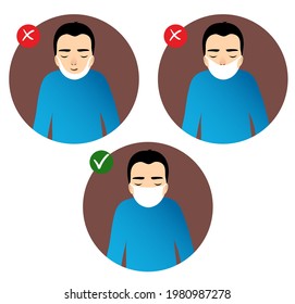 Bilderset mit einem Mann, der Regeln zeigt, um eine Ausbreitung des Koronavirus in der Welt zu verhindern: wie man eine medizinische Maske trägt. Konzeptuelles Bild der Gesundheitsversorgung gegen COVID-19. Vektorbild, eps10