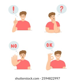 Set of images with a man. Stages of problem solving. Emergence of the question. Idea for solving the problem. Denial. Agreement.