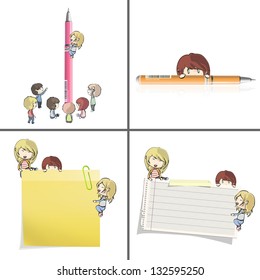 Set of images with many children around papers and pen. Vector design.