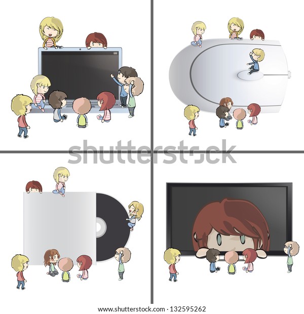 Set of images with many children around CD,\
mouse, tv and PC. Vector\
design.