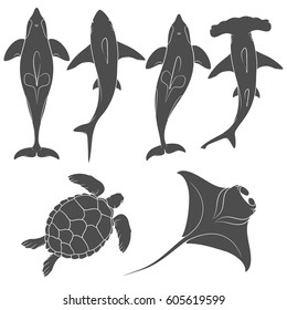 Set of images with marine animals. Vector black and white isolated objects on white background.