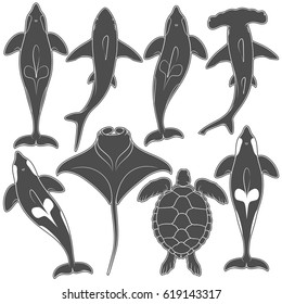 Set of images with marine animals. Vector black and white isolated objects on white background.