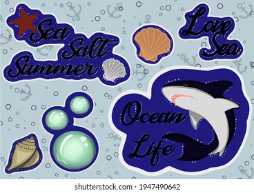 A set of images with marine life. Sticker, postcard, picture, print, poster, background, card, drawing.