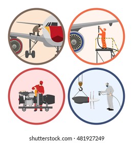 Set of images . Mechanic repairing an airplane. Repair and maintenance of aircraft. Vector illustration