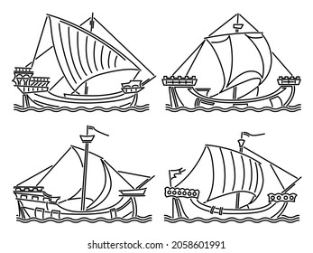 Set of images of medieval warships with one sail drawn in art line style.