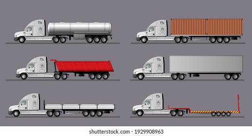 A set of images of a modern American truck with different variants of semi-trailers. Flat style line art illustration. Side view.