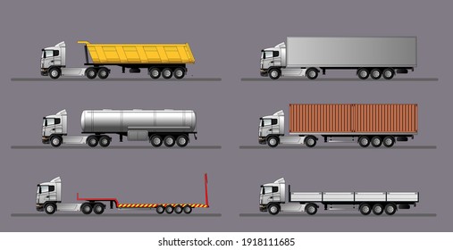 A set of images of a modern european truck with different variants of semi-trailers. Flat style line art illustration. Side view.