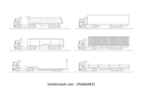 A set of images of a modern European truck with different variants of semi-trailers. Flat vector illustration . Side view.