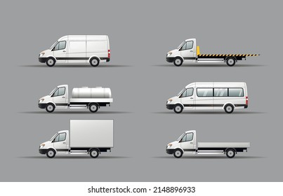 A set of images of a modern light duty truck with different body options. Flat vector illustration. Side view.