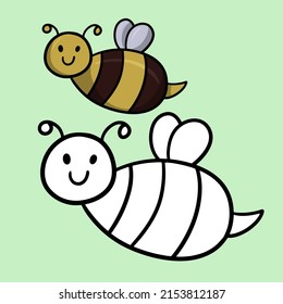 The set of images is monochrome and color. Fat bumblebee smiles, vector cartoon children's illustration on a light green background